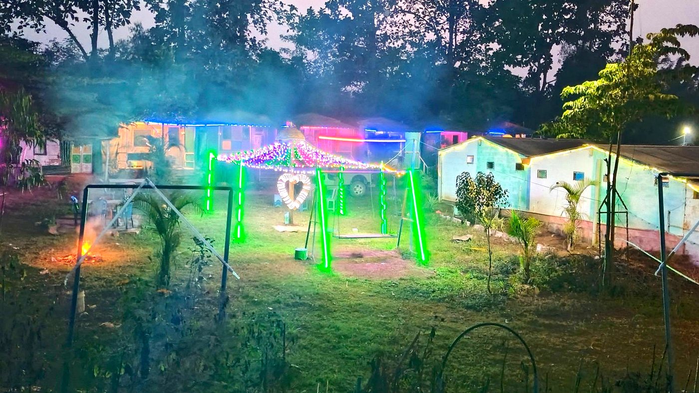 Bonfire and lights on the lawn at night